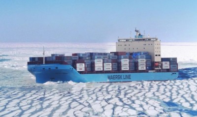 Illustration of a Maersk Arc4 ice-class container ship sailing through ice on the Northern Sea Route.