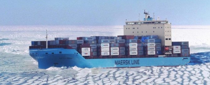 Illustration of a Maersk Arc4 ice-class container ship sailing through ice on the Northern Sea Route.